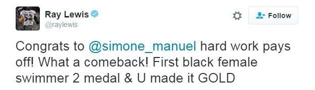 Two-time Super Bowl winner Ray Lewis enjoyed Simone Manuel's win