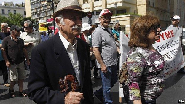 Greek protesters demonstrate over austerity and cuts in the social insurance system affecting pensioners, in central Athens