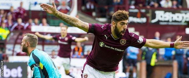 Juanma celebrates his opening goal against St Johnstone