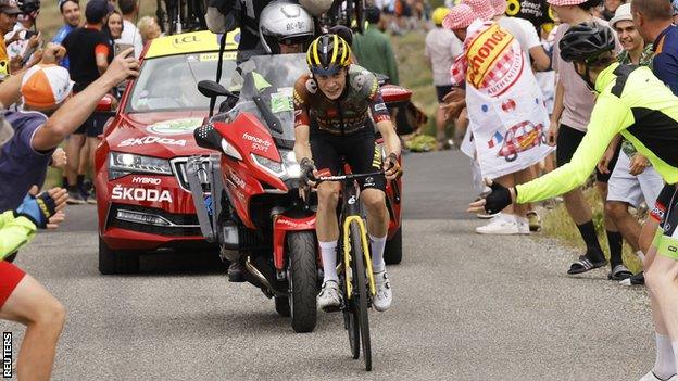 Jonas Vingegaard on the final climb as he wins stage 11 of the 2022 Tour de France