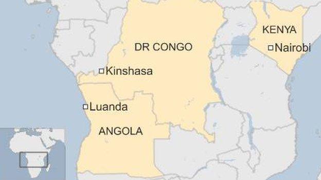 Map showing Angola, DR Congo, Kenya