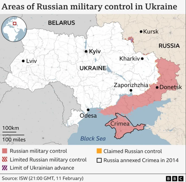 Map showing areas of Russian military control in Ukraine, and Ukraine's control in Russia's Kursk region