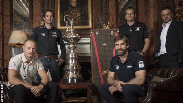 Sir Ben Ainslie, skipper of LandRover BAR, Franck Cammas, skipper of Groupama Team France, Dean Barker, skipper of SoftBank Team Japan, Iain Percy, skipper of Artemis Racing, Jimmy Spithill, skipper of Oracle Team USA and Martin Whitmarsh, CEO of LandRover BAR