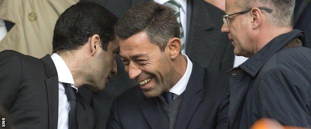 Pedro Caixinha (centre) is all smiles in the Celtic Park stand