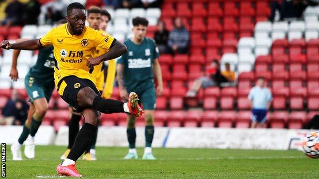 Austin Samuels scoring a penalty for Wolves against Middlesbrough in a recent pre-season friendly