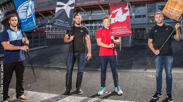 Players from all four Welsh regions pose with club flags