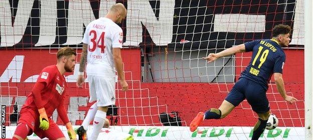 Oliver Burke scores for Red Bull Leipzig against Cologne