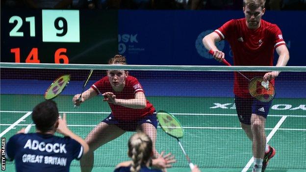 Marcus Ellis and Lauren Smith on the way to beating Great Britain team-mates Chris and Gabby Adcock in the mixed doubles final at the European Games