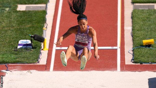 Great Britain's Katarina Johnson-Thompson in action in the long jump of the heptathlon