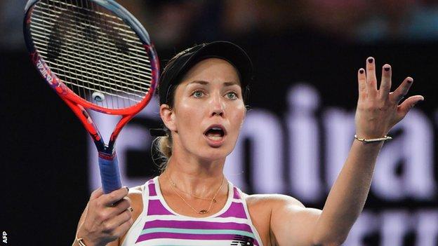 Danielle Collins argues with umpire Carlos Ramos during her Australian Open semi-final defeat by Petra Kvitova