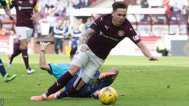 Sam Nicholson wins a penalty for Hearts