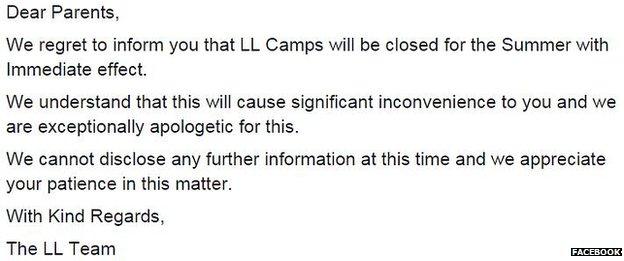 LL Camps statement on Facebook
