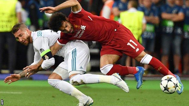 Liverpool forward Mohamed Salah was injured during a challenge with Real Madrid captain Sergio Ramos