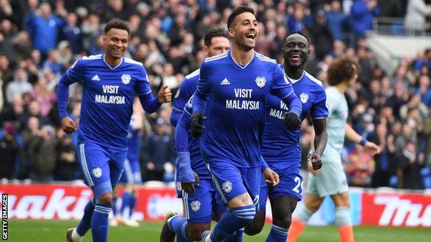 Victor Camarasa celebrates after scoring for Cardiff City during his loan spell last season