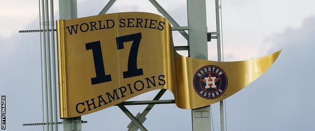 A flag commemorating Houston's World Series victory in 2017