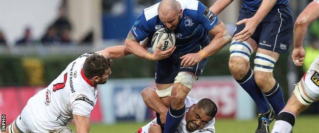 Hayden Triggs bursts attempts to get past Ulster's Rodney Ah You and Sean Reidy