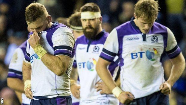 John Barclay, Cornell du Preez and Jonny Gray look dejected after Scotland's defeat