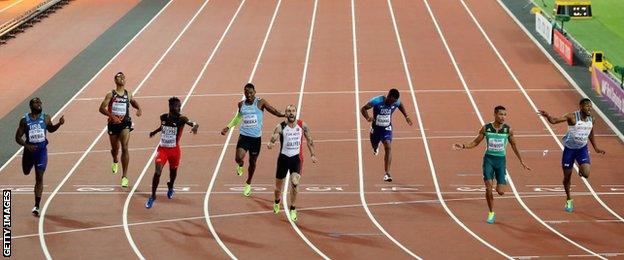 Nethaneel Mitchell-Blake finishes 13 hundredths of a second short of the London 2017 podium