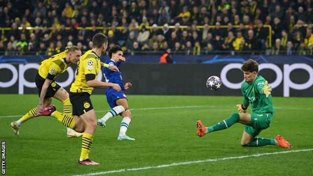 Joao Felix sees a shot saved against Borussia Dortmund