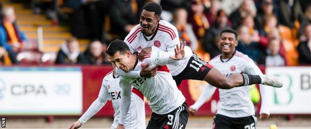 Aberdeen's Bojan Miovski and Luis Lopes celebrate at Fir Park