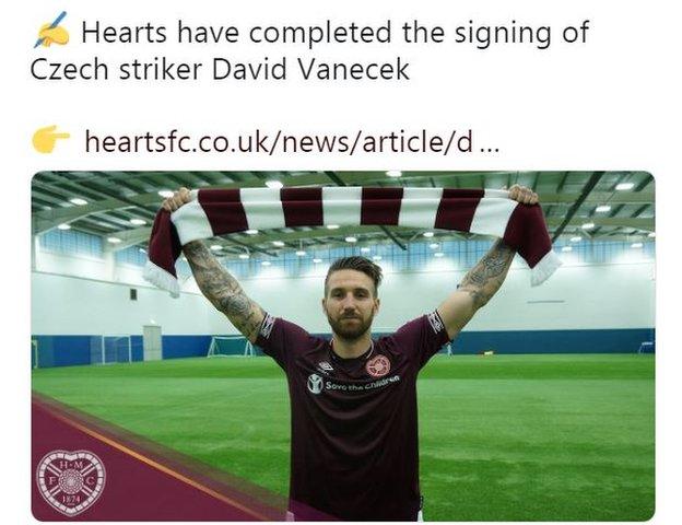 Hearts tweet about David Vanecek's arrival