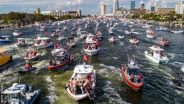 Drone shot of the Tampa Bay Buccaneers' victory boat parade