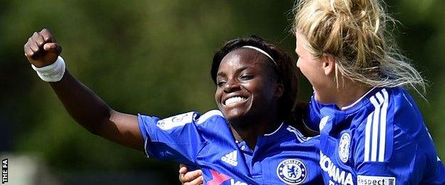 Eniola Aluko (l) celebrates her second goal against Birmingham City