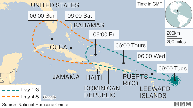 Map showing predicted path of Hurricane Irma