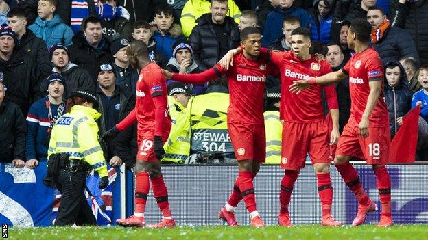 A bottle was thrown on to the Ibrox pitch in the final minutes of Rangers' defeat to Bayer Leverkusen