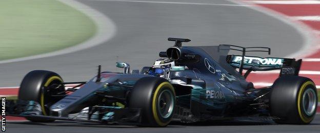 The 2017 Mercedes car during testing in Barcelona