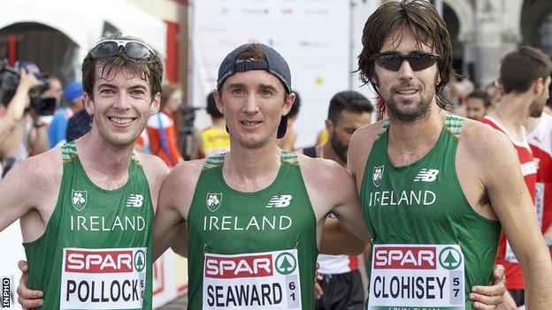 Paul Pollock, Kevin Seaward and Mick Clohisey after Sunday's race in Amsterdam