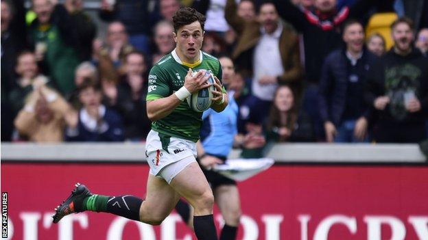 Henry Arundell scores for London Irish against Wasps in May 2022