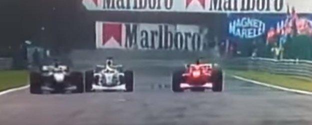 Mika Hakkinen (left) got past Michael Schumacher (right) with the help of backmarker Ricardo Zonta (middle)