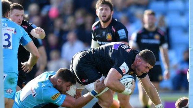 Exeter flanker Dave Ewers went in for two tries in five minutes just before the break at Sandy Park