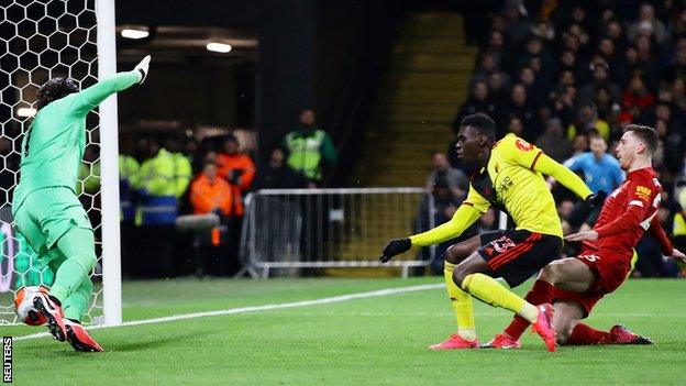 Ismalia Sarr scores for Watford against Liverpool