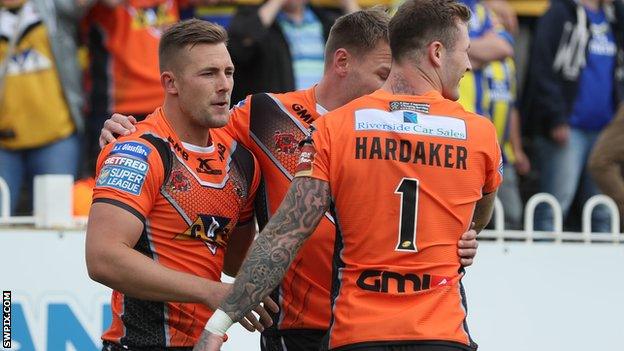 Castleford celebrate Greg Eden's first try