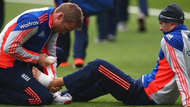 Mark Wood received treatment on his left ankle