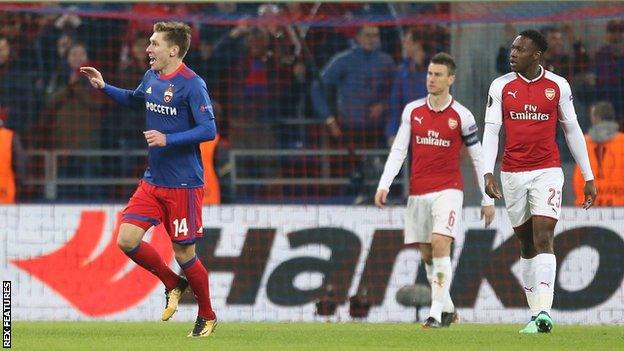 Kirill Nababkin celebrates scoring CSKA's second goal after Petr Cech spilled Aleksandr Golovin's strike