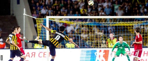 Bauyrzhan Islamkhan scores for Kairat Almaty against Aberdeen