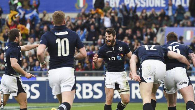 Tommy Seymour (centre) ran in Scotland's third try late in the game