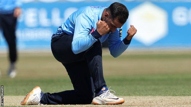 Saif Zaib celebrates the wicket of Glamorgan's Andrew Salter