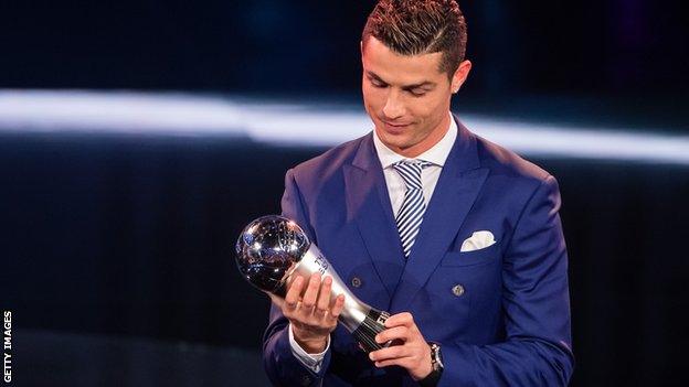 Cristiano Ronaldo holding his trophy after being crowned the world's best player