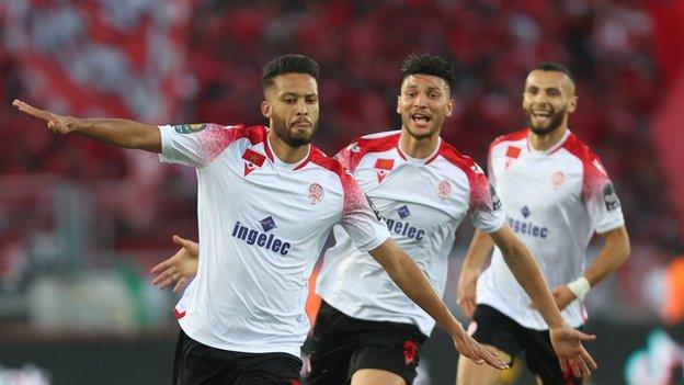 Zouheir El Moutaraji celebrates the opening goal of the 2022 Africa Champions League final