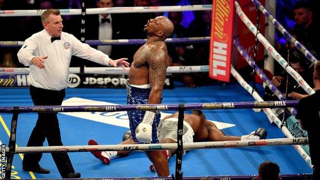 Dillian Whyte celebrates after knocking out Derek Chisora in December