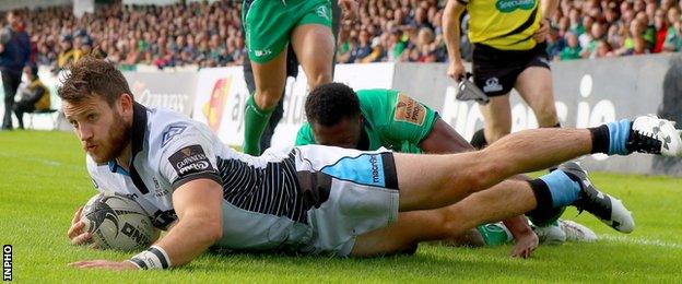 Tommy Seymour scores one of his two tries for Glasgow against Connacht