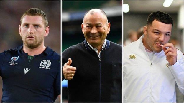 Finn Russell, Eddie Jones and Ellis Genge