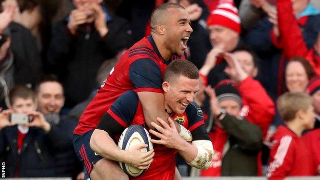 Simon Zebo celebrates with Andrew Conway after the latter's try in Saturday's Champions Cup win over Toulouse