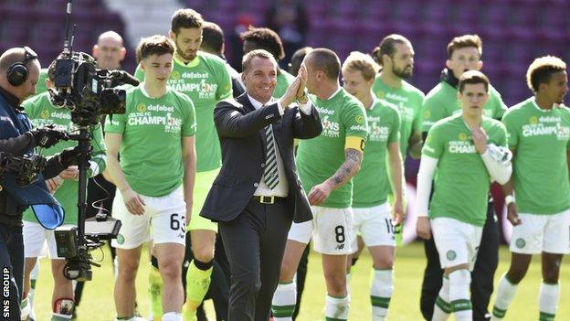 Celtic manager Brendan Rodgers and his players celebrate