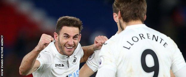 Angel Rangel celebrates his winning goal for Swansea against Crystal Palace