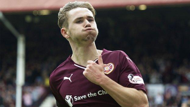 Sam Nicholson celebrates Hearts' winning goal